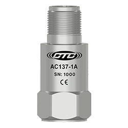A render of a CTC AC137 stainless steel, standard size, top exit industrial accelerometer